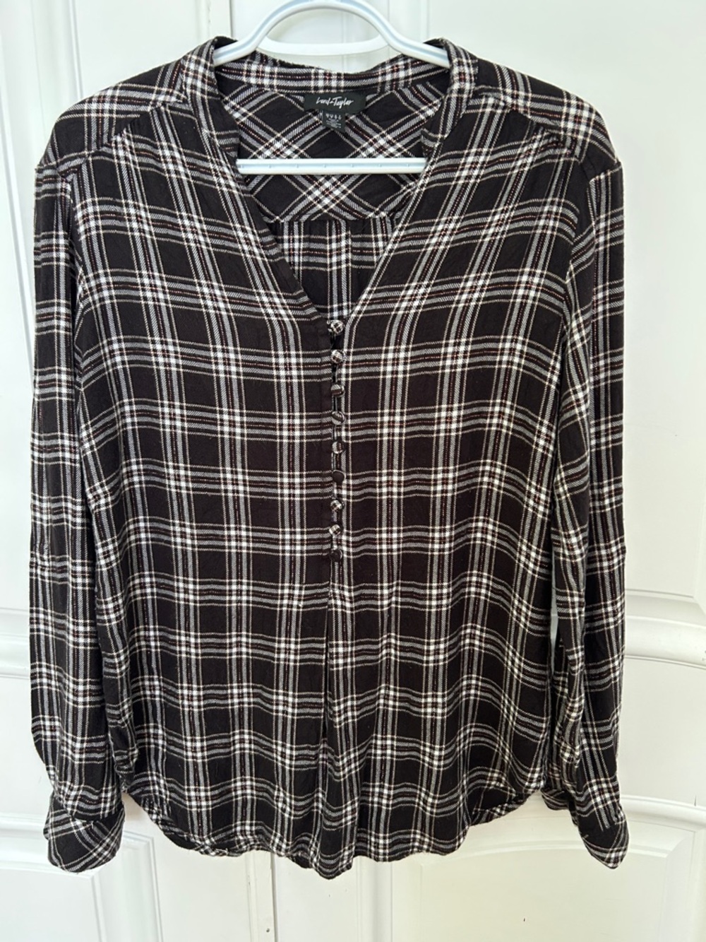Lord & Taylor Black and White Plaid 1/2 Button-Front Shirt with Metallic Detail